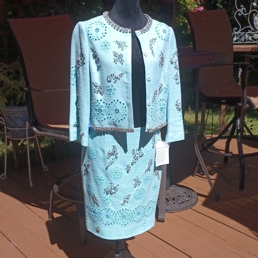 Per Se Turquoise Embellished Skirt And Jacket Suit